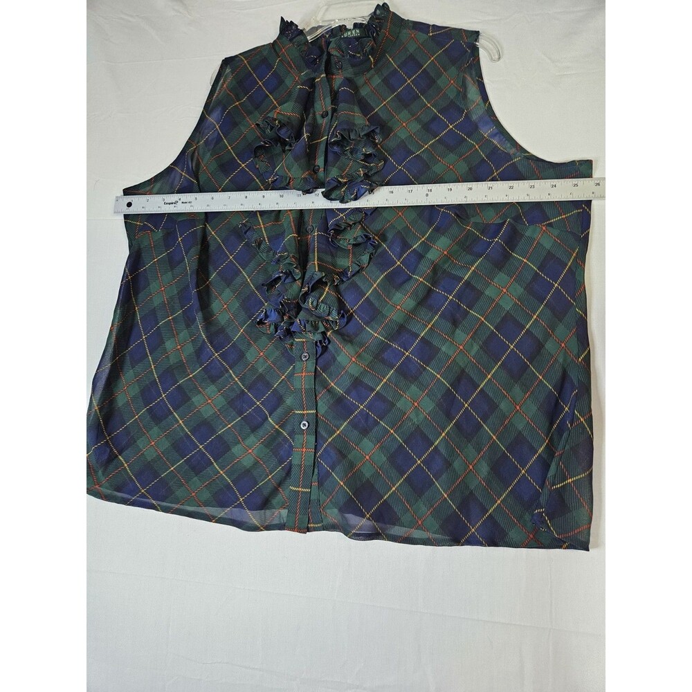 LAUREN RALPH LAUREN Shirt Women's 3X Green Tartan Plaid Ruffle Sheer Button LRL - Picture 6 of 13